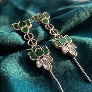 Statement piece helix hook. Elegant Green and Silver Lotus Earrings.